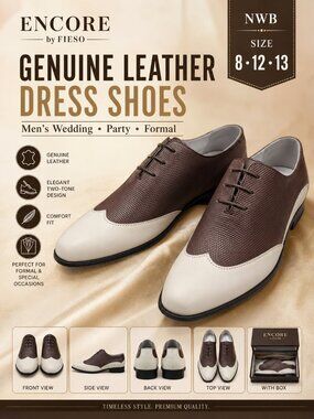 NWB Encore by Fiesso FI3046 Genuine Leather Two Tone Dress Shoes Men's
